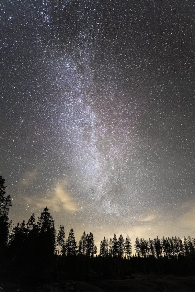 pexels photo 1624736 A breathtaking view of the Milky Way galaxy shining over a silhouette of trees at night.